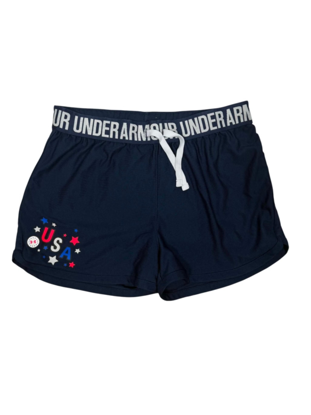 Under Armour HeatGear USA Shorts Navy Athletic Patriotic Stars Girls Youth XL - Picture 1 of 4